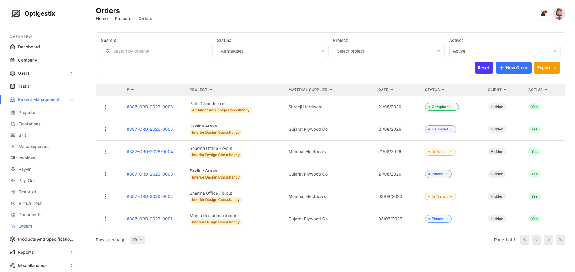 Order management screen with purchase orders and fulfilment status