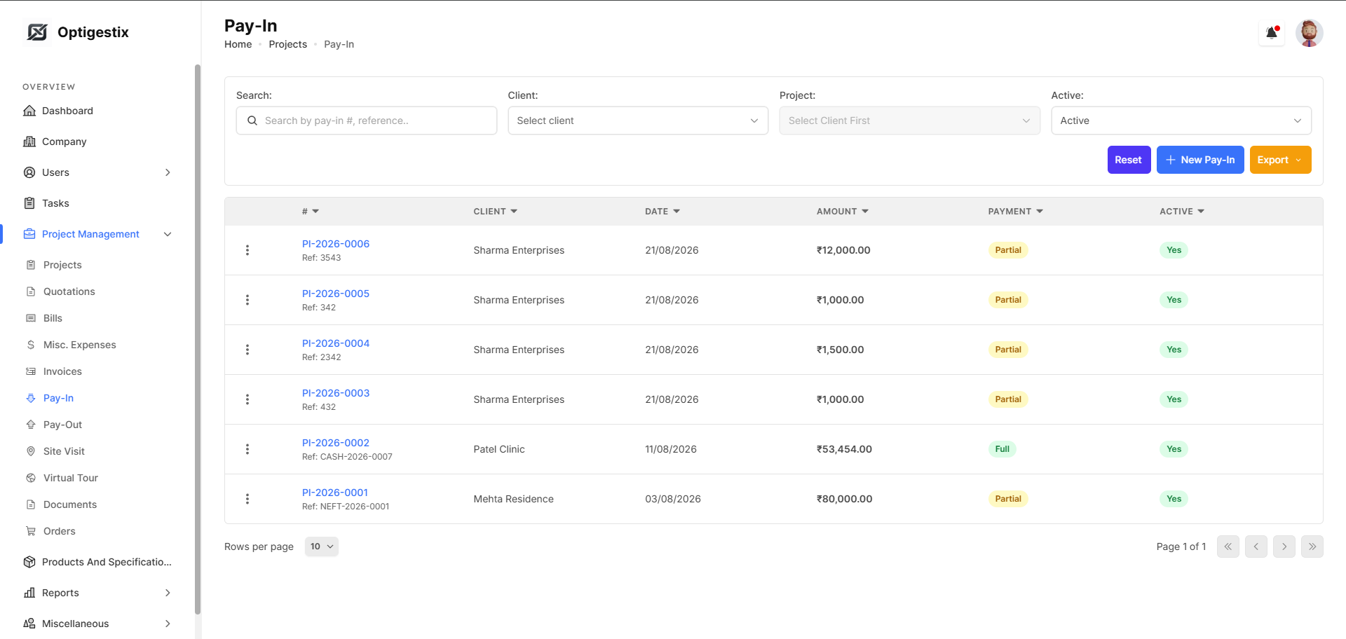 Pay-in reconciliation screen matching receipts to invoices
