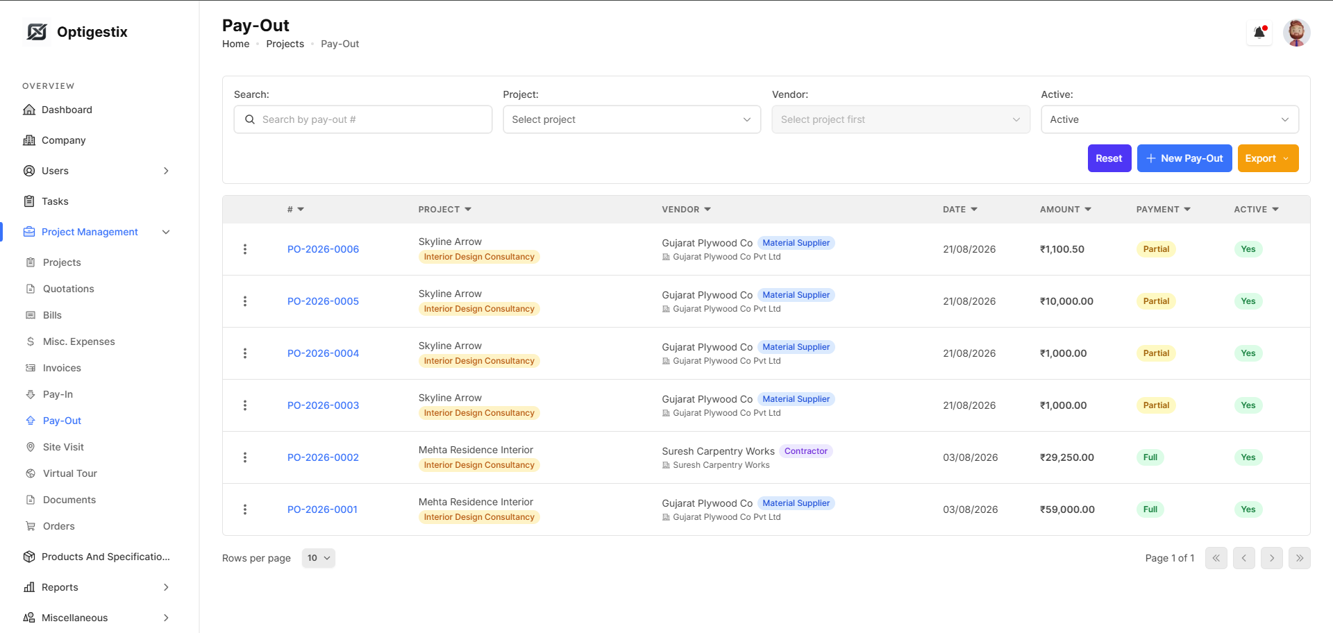 Pay-out management screen with an approval flow